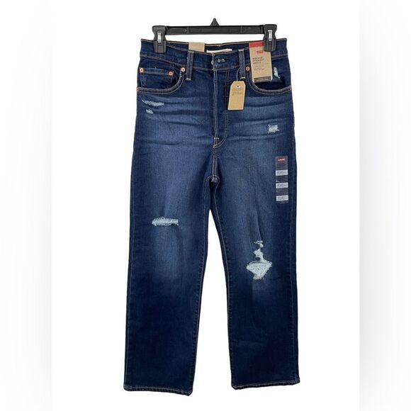 NWT Levi’s Ribcage Straight Ankle High Rise Distressed Dark Wash Denim Jeans 27 - Picture 2 of 7